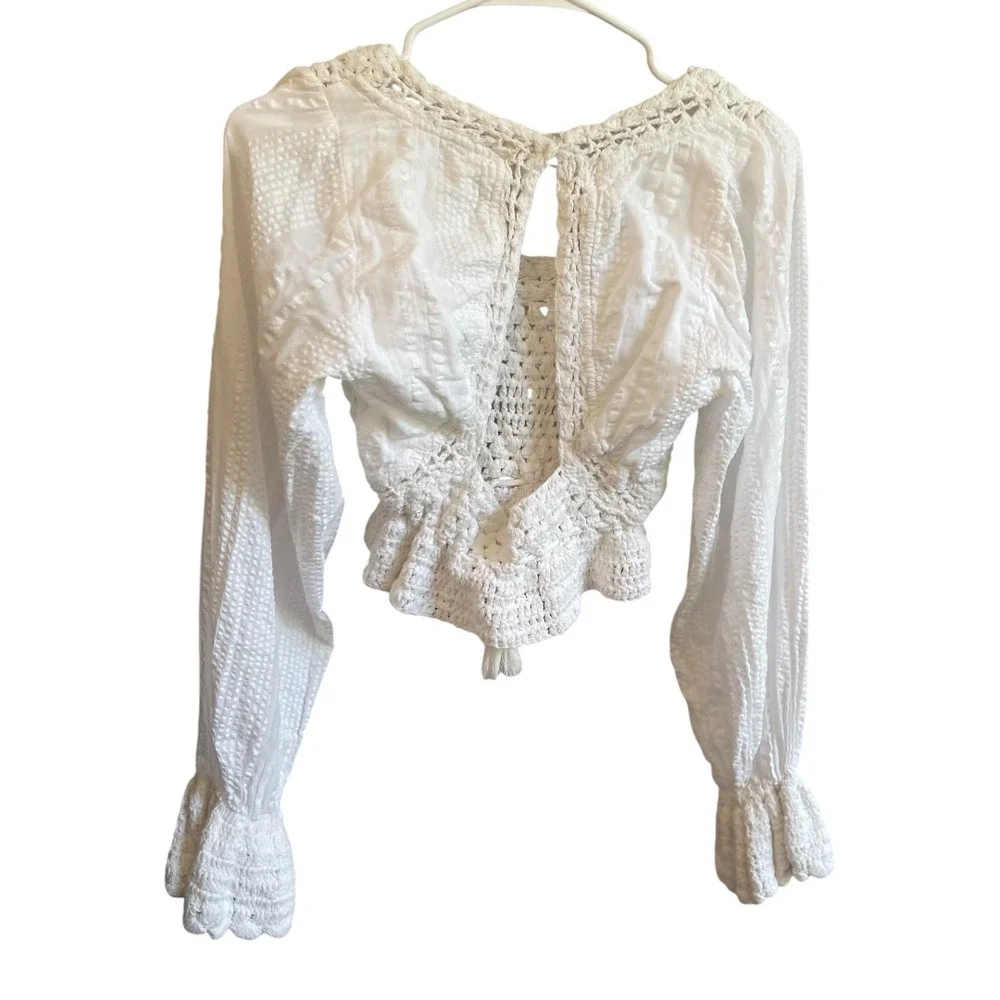 Free People Meghan Crochet Long Sleeve Boho Crop Top XS Cream‎ Ivory Festival